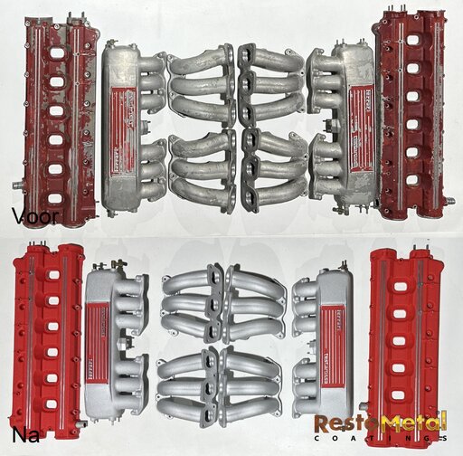 Der Ventildeckel und der Lufteinlass des Ferrari Testarossa wurden mit roter und silberner Schrumpflack neu beschichtet
